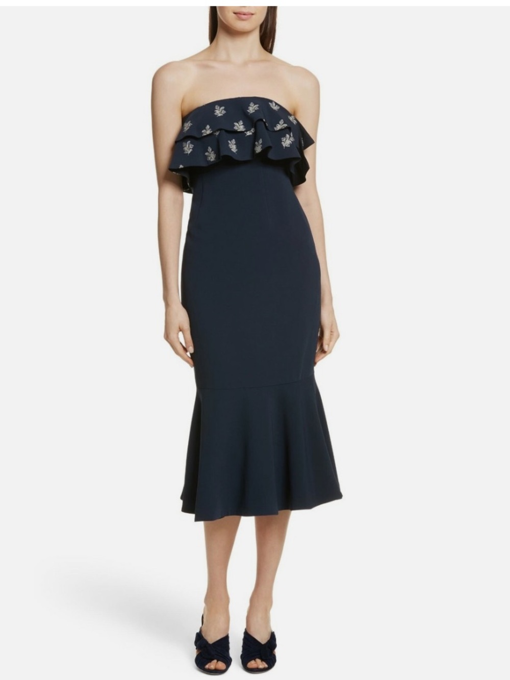 cinq a sept Navy Strapless Ruffle Embroidered Midi Dress